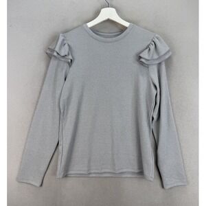Gap Women's Sz L Gray Shimmery Ruffle Shoulder Ribbed Pullover Sweater NWT‎